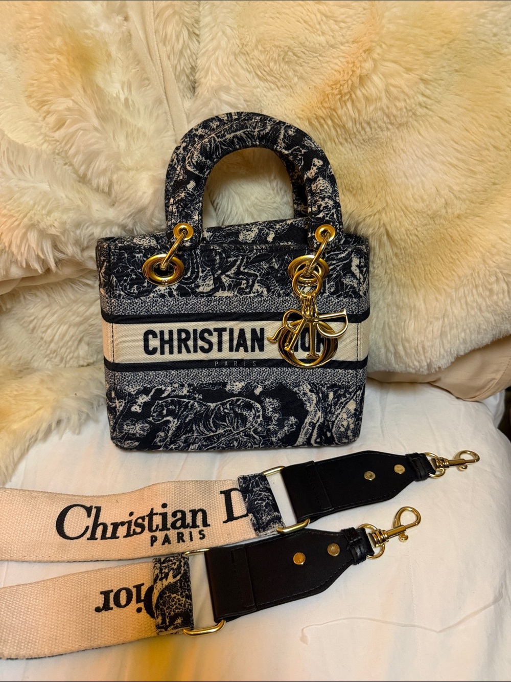 Dior Navy & Cream Embroidered Lady Dior Mini Tote with Gold Hardware